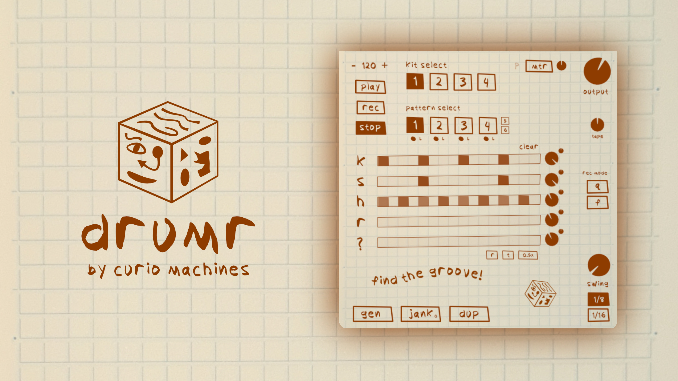drumr interface beside the drumr logo on a paper grid